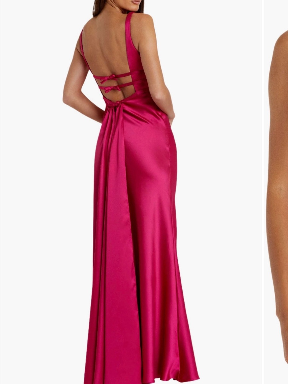 Mac Duggal Fuchsia Raspberry Pink Satin V-Neck Maxi Gown with Bow details - Picture 2 of 6
